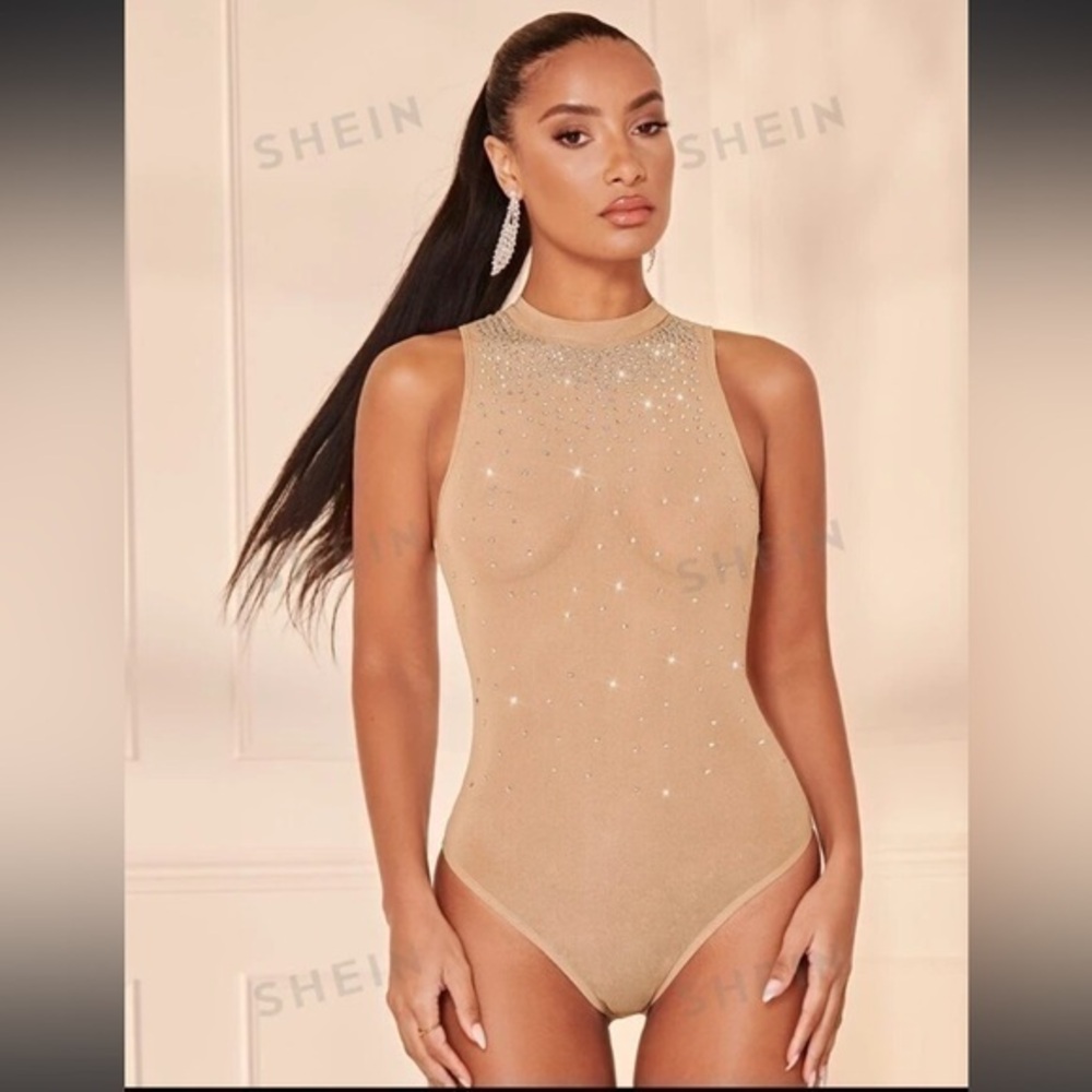 Rhinestone Detail Mock Neck Mesh Bodysuit